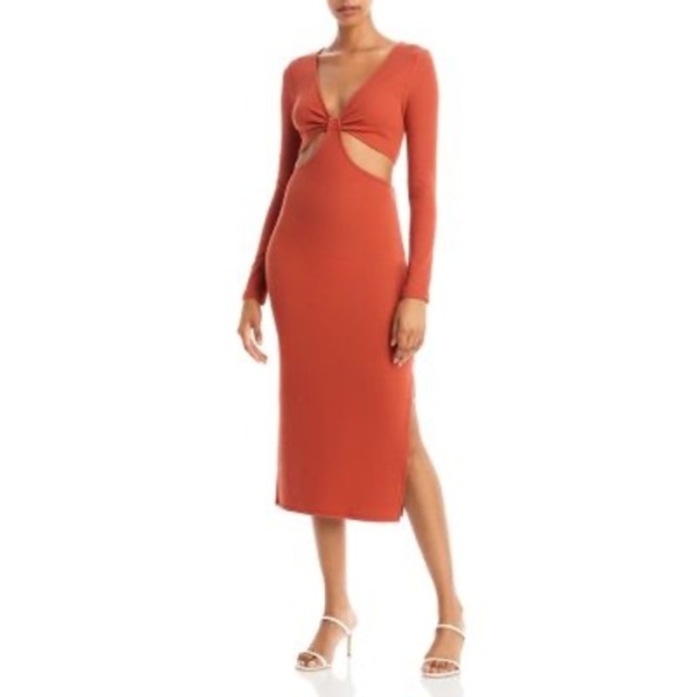 NWT Bloomingdale's FORE Carrot Orange Ribbed Cutout Long Sleeve Midi Dress M